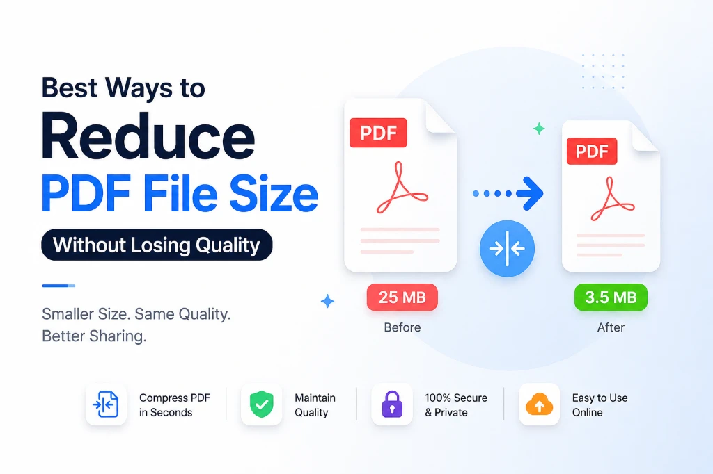 Illustration showing how to reduce PDF file size without losing quality using an online PDF compressor.