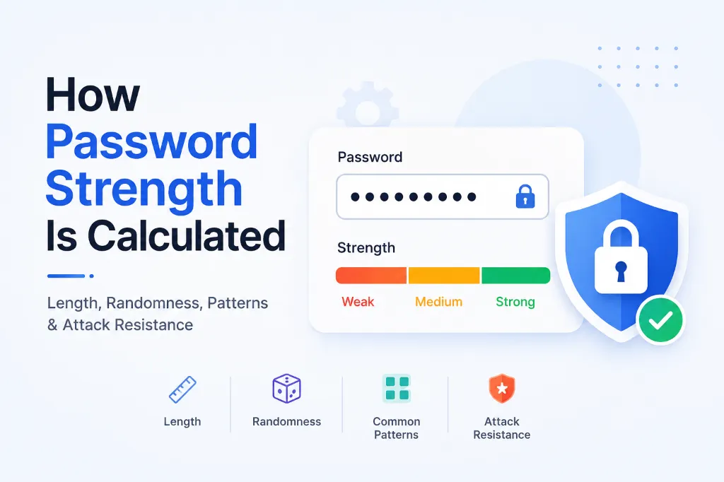 How password strength is calculated using password length, randomness, and common pattern detection