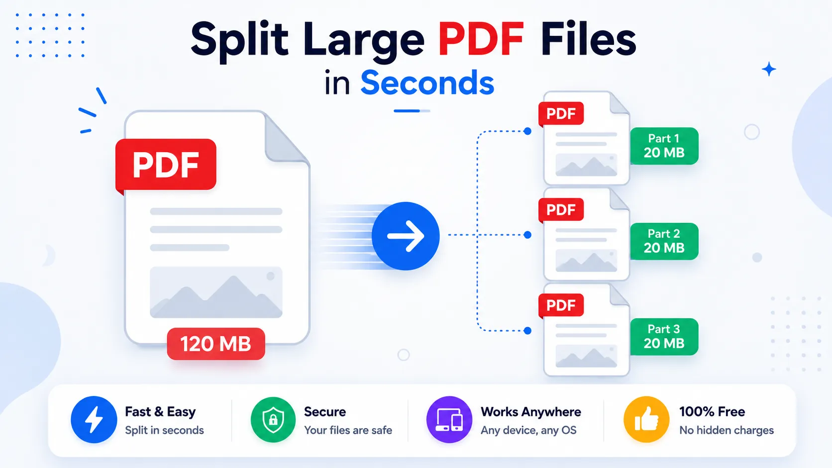 Illustration showing how to split a large PDF file into multiple smaller PDF documents online using a free PDF Split tool.