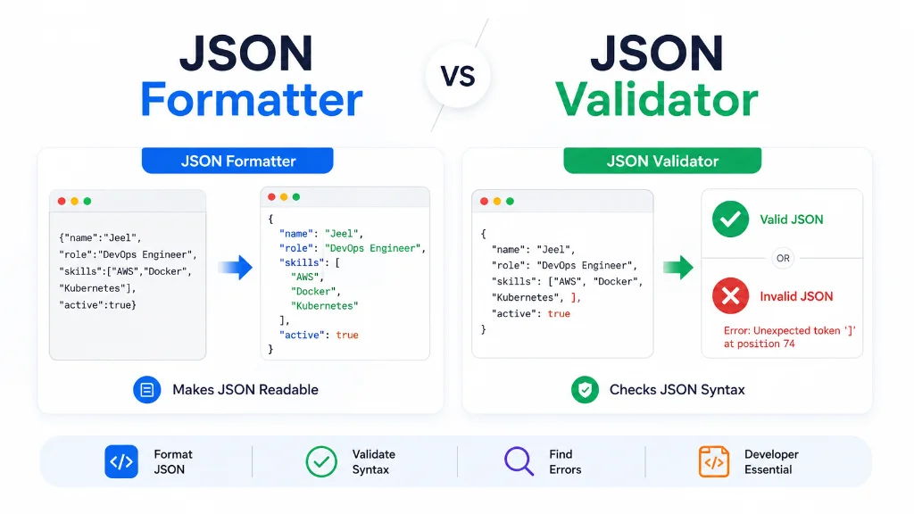 JSON formatter vs JSON validator comparison showing formatted JSON and syntax validation