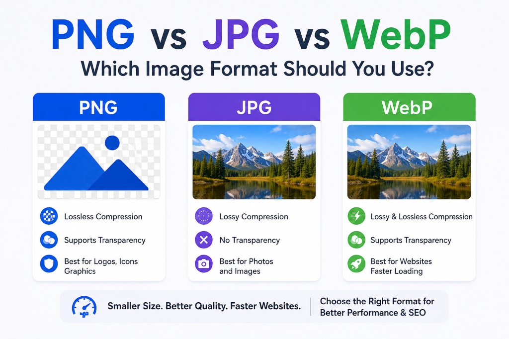 Comparison of PNG vs JPG vs WebP image formats showing quality, file size, transparency support, and best use cases.