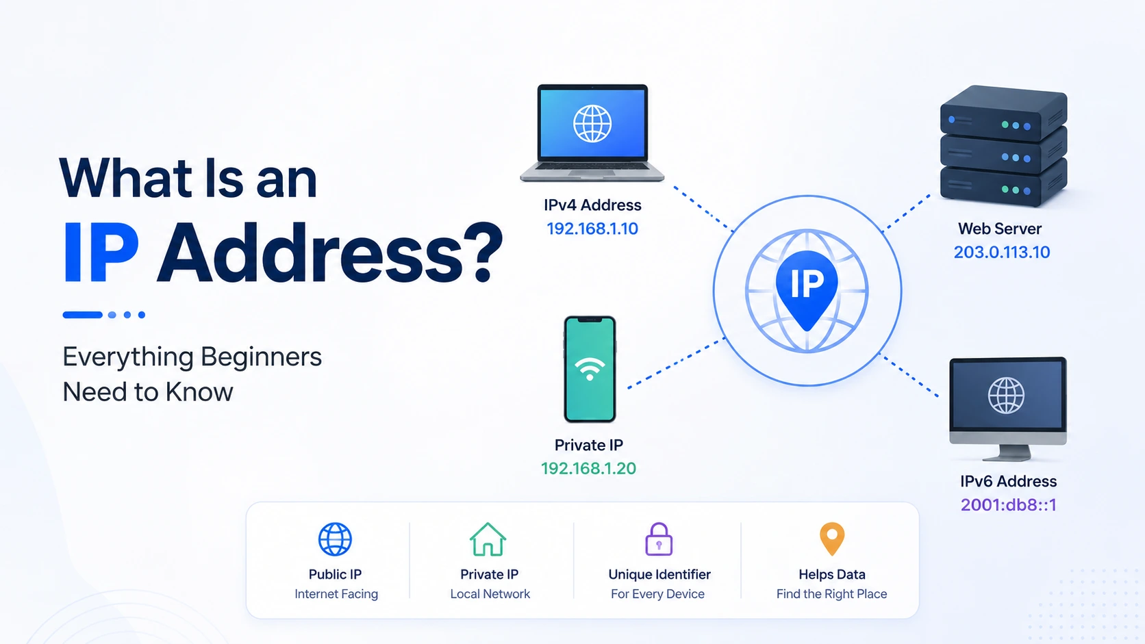 What is an IP address showing IPv4, IPv6, public and private IP addresses
