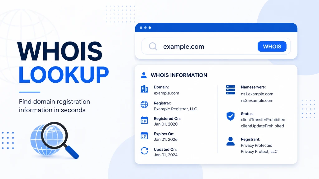 WHOIS lookup showing domain registration information and registrar details