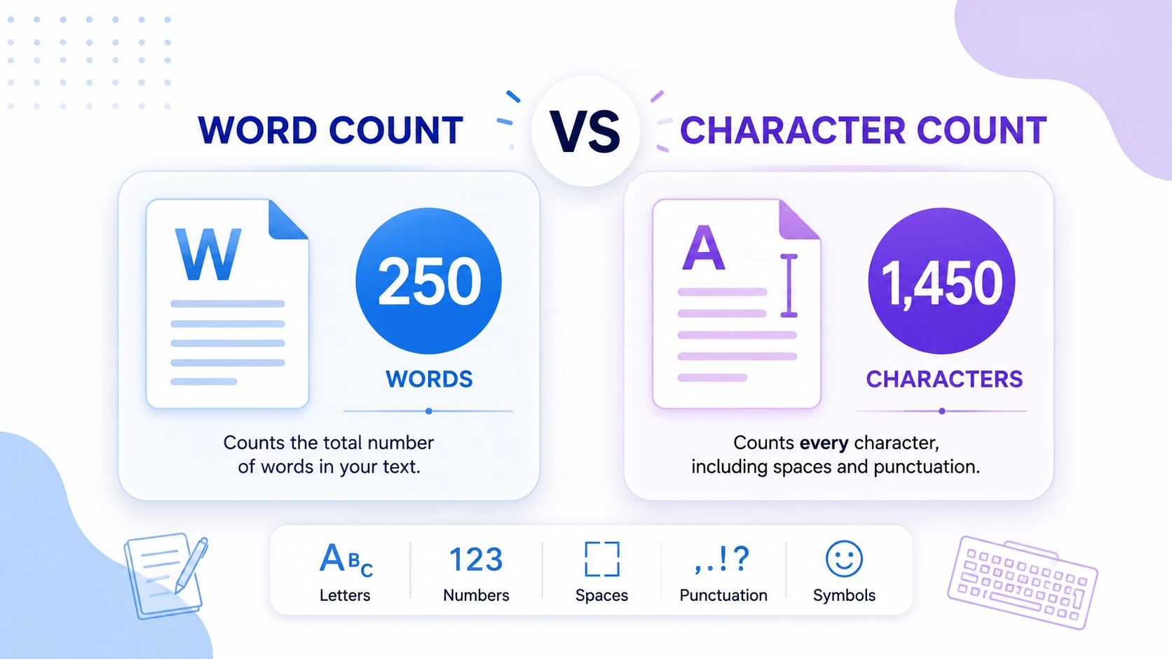 Word count vs character count comparison showing words and characters in a text document