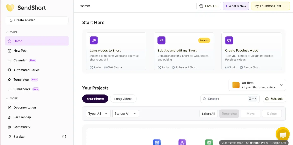 SendShort Dashboard Home Screen showing video project options and navigation sidebar
